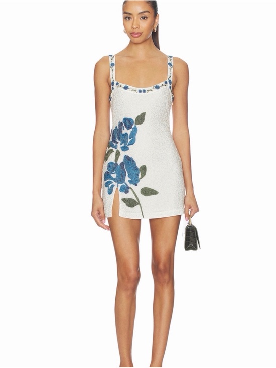 For Love And Lemons Dresses & Skirts - For Love And Lemons White Mini Dress with Blue Floral Appliqué